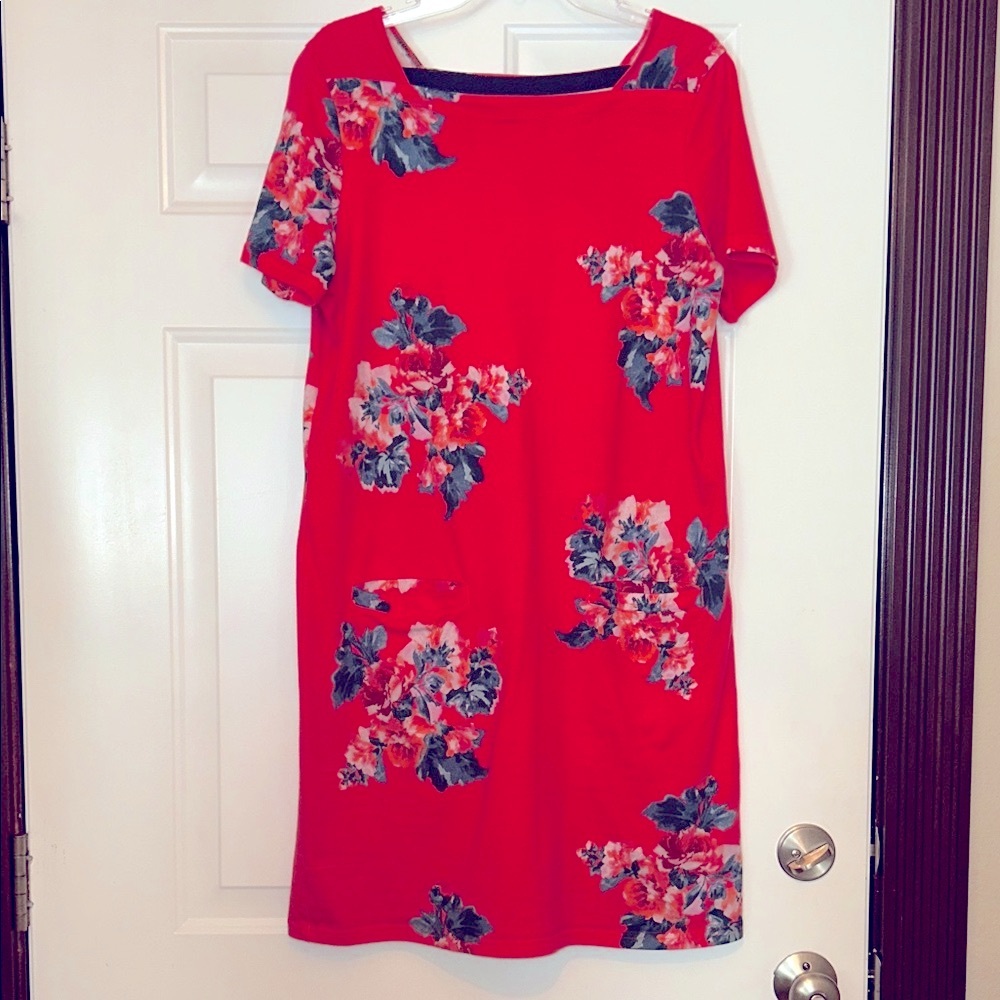 Joules Floral SS Dress 12 Red Cotton Sheath Pockets Casual Knit Career Wedding